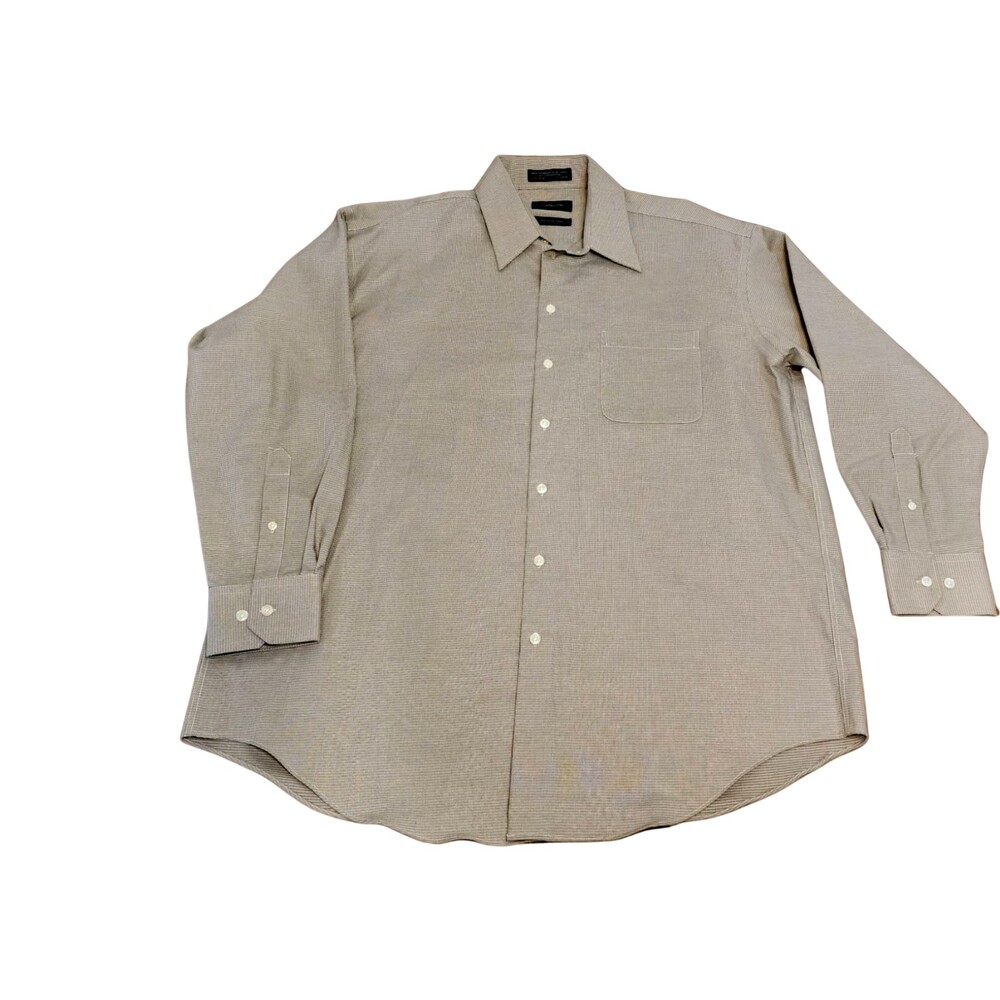 Claiborne Dress Shirt Men XL 100% Cotton Tan Micro Check Long Sleeve Classic